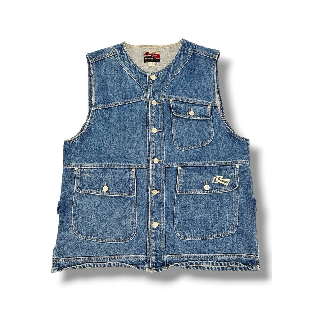 VTG Results Jeans Denim Utility Vest Workwear Gorpcore Outdoors Fishing Grunge L
